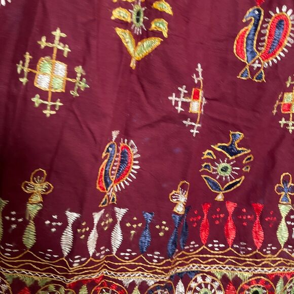 Women's One Size Maroon Embroidered Art To Wear Midi Drawstring Artsy Colorful - Picture 8 of 12